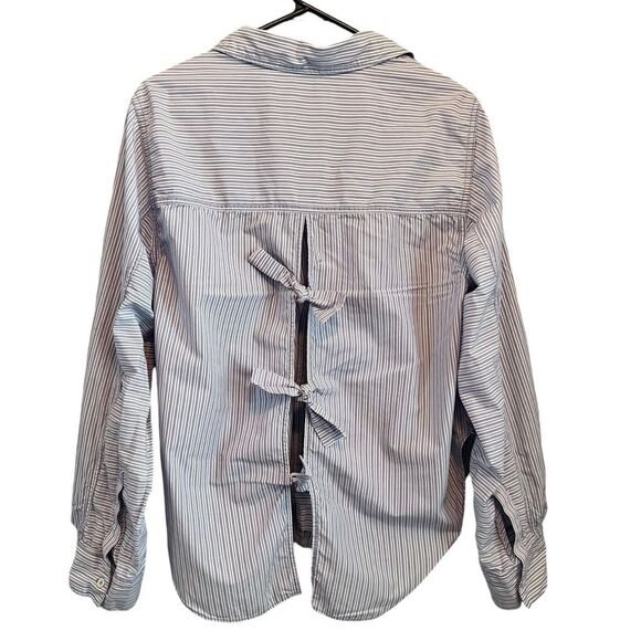 Free People Tie It In A Bow Preppy Blue White Pinstripe Button Down Shirt M - Picture 6 of 7